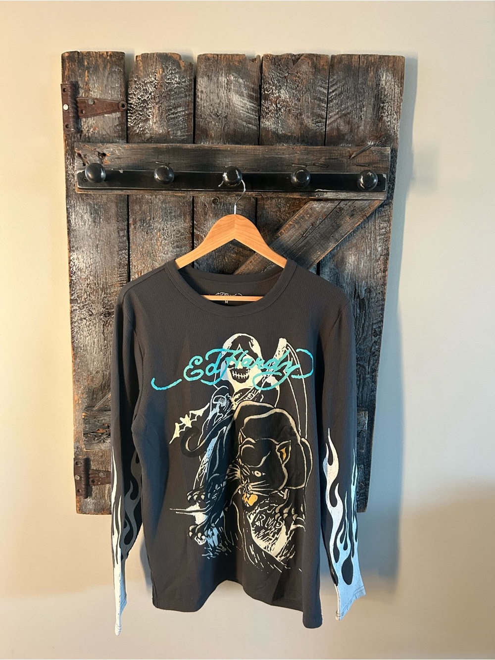 Men's Ed Hardy Black Long-Sleeve Graphic Tee with Turquoise Script